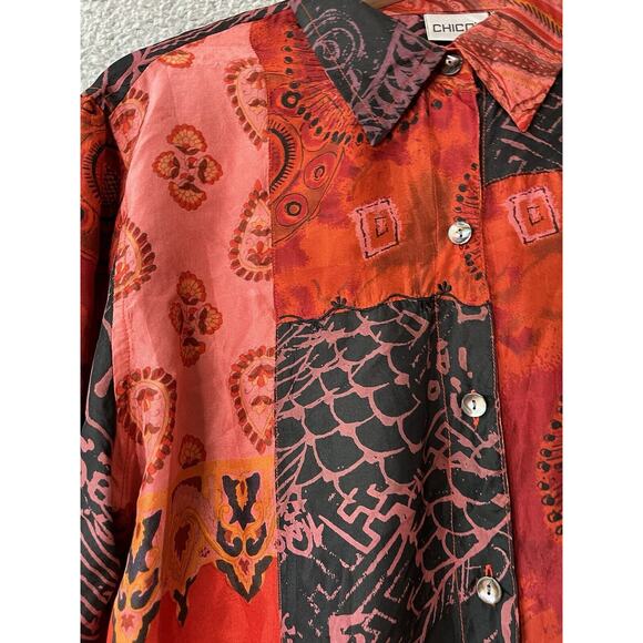 Chicos Button Top Large 2 Silk Patchwork Abstract Art Long Sleeve Red Black - Picture 2 of 12